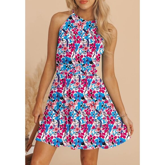 Women Summer Floral Sundress Sleeveless Summer Mini Swing Dresses with Pockets - Picture 8 of 8